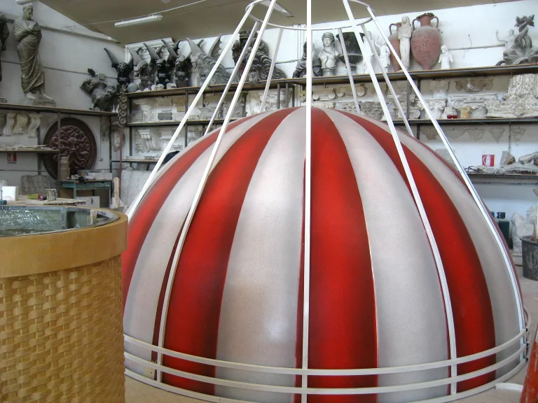 Red-and-white scenic hot-air balloon in our workshops
