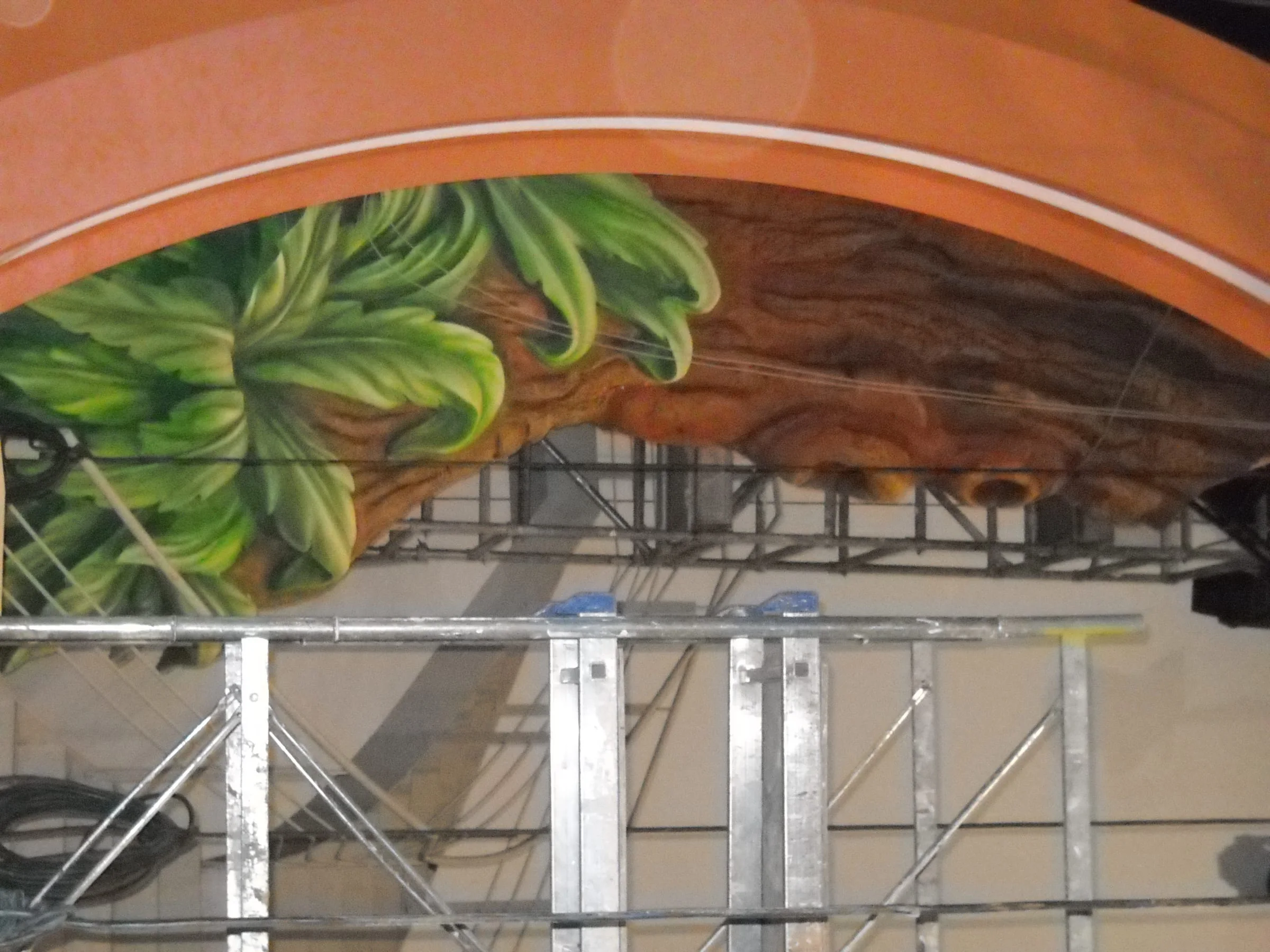 Ciao Darwin set under construction: Genodrome scenography being built on the soundstage, technicians and materials