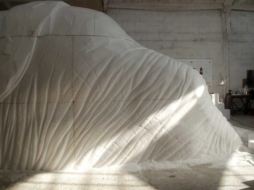 Another piece of the elephant in worked polystyrene, three-quarter view with skin folds and segmentation