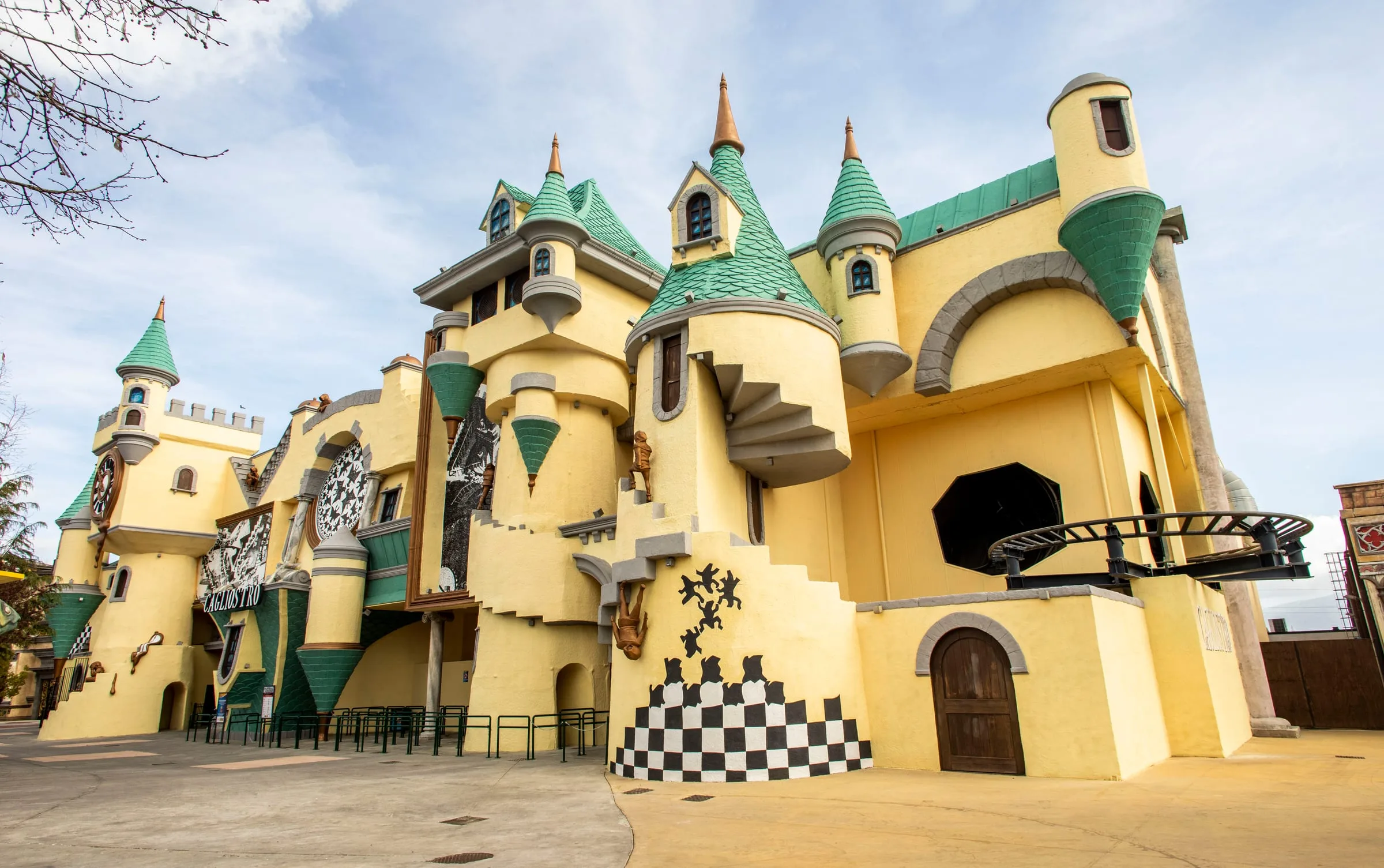 Cagliostro at MagicLand: the spinning coaster attraction set inside the alchemist count's castle, exterior view of the scenographic building