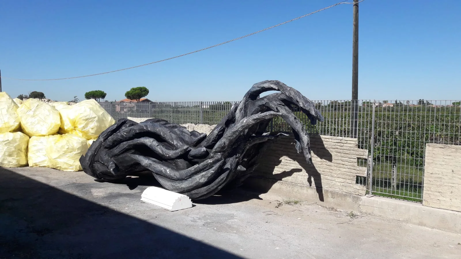 The sculpted root-brambles in our workshops, laid out in the yard before transport to Rome: a giant black-grey sculpture of intertwined branches about five metres long, on the concrete yard of the workshop, behind it bales of yellow expanded polyurethane and the wire mesh fence of the workshop, the Lazio countryside landscape