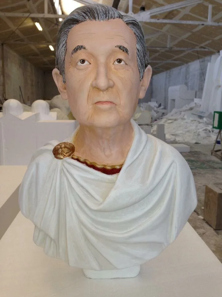 Another portrait in progress: mythological figure in finished polystyrene, detail of eyes and mouth