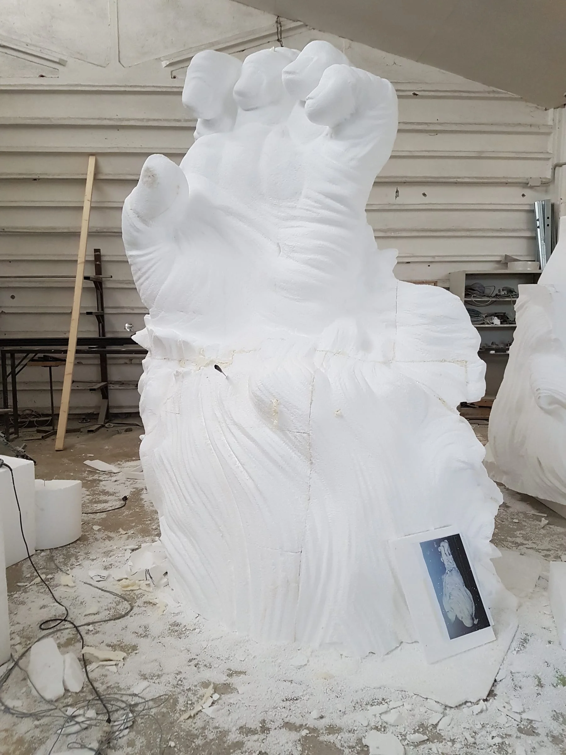 Preliminary modelling of a scenographic character in high-density polystyrene, face detail